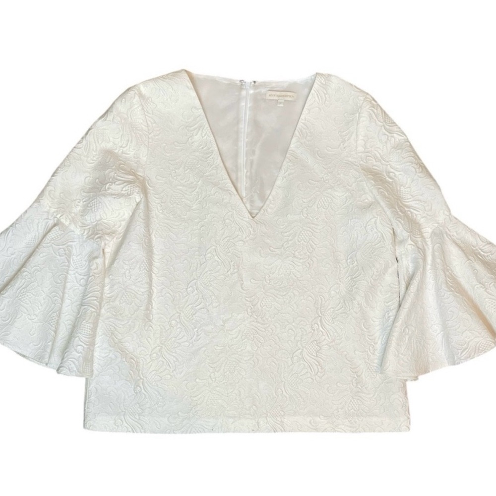 Ann Mashburn Sz Small White Floral Jacquard Cotton V-Neck Trumpet Sleeve Blouse